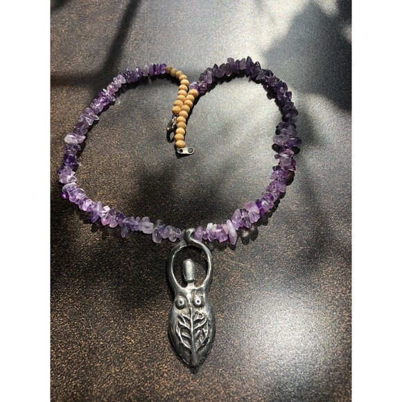 Amethyst Chip Bead Necklace with Goddess Tree Of Life Pewter Pendant Purple - Picture 2 of 11